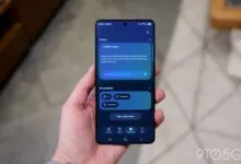 Hand holding a Samsung phone displaying the Gallery app's story creation feature.