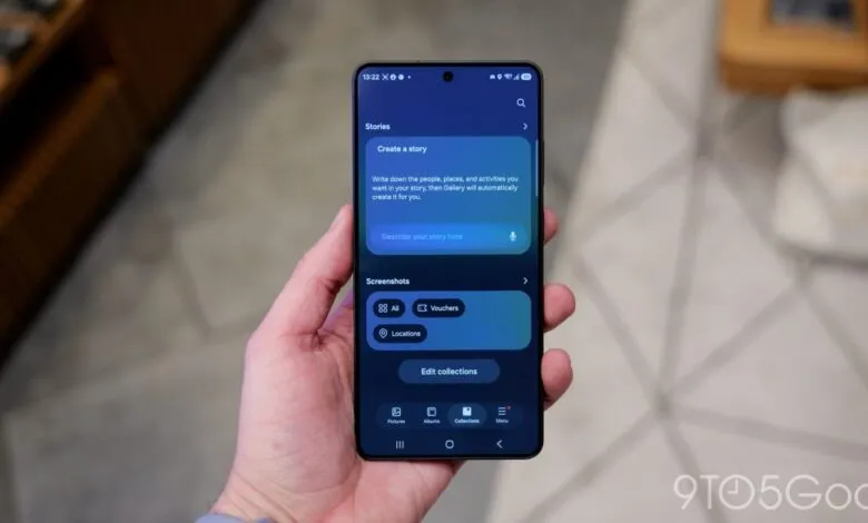 Hand holding a Samsung phone displaying the Gallery app's story creation feature.