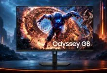 Samsung Odyssey G8 gaming monitor displaying a futuristic action scene.