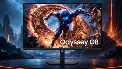 Samsung Odyssey G8 gaming monitor displaying a futuristic action scene.