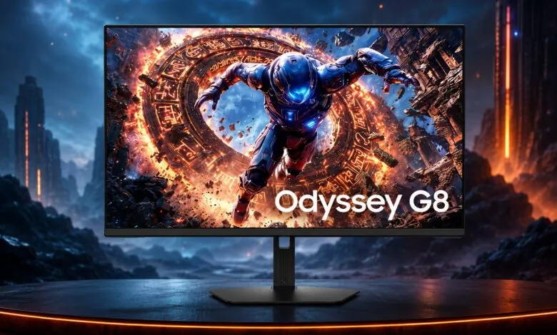 Samsung Odyssey G8 gaming monitor displaying a futuristic action scene.