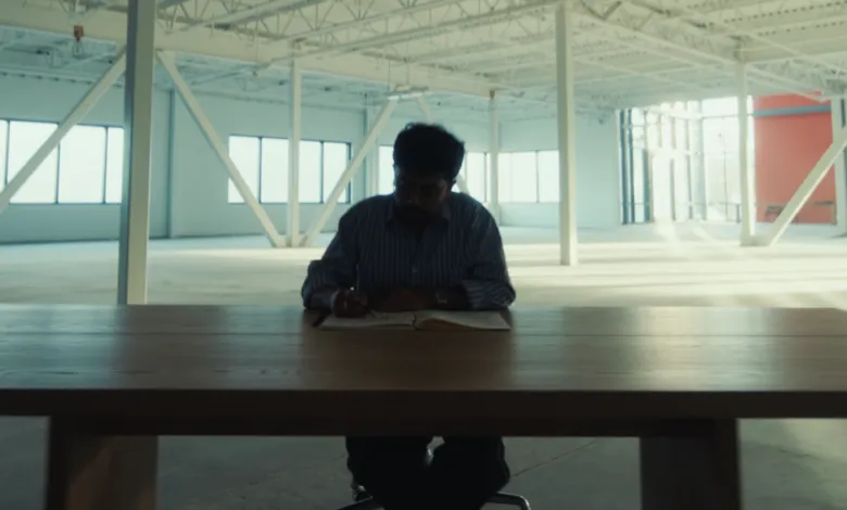 Man writing in notebook at large wooden table in empty warehouse.