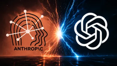 Anthropic vs. ChatGPT: AI competition with lightning and logos.