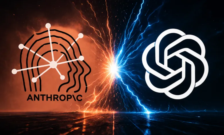 Anthropic vs. ChatGPT: AI competition with lightning and logos.