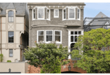 Three San Francisco houses with varying architectural styles and lush greenery.