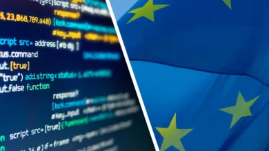 Code on screen next to EU flag, representing tech regulations in Europe.