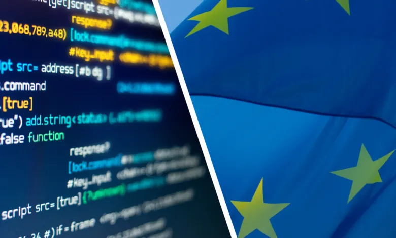Code on screen next to EU flag, representing tech regulations in Europe.