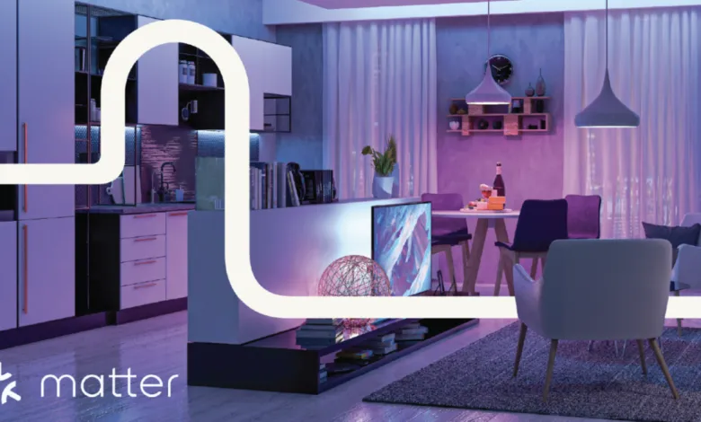 Modern living space with kitchen, dining area, and lounge bathed in purple and blue light.
