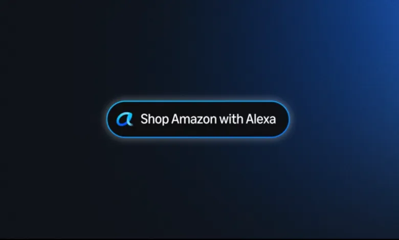 Shop Amazon with Alexa button on a dark blue gradient background.