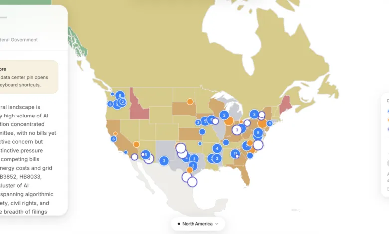 Map of North America showing proposed, operational, and under-construction data centers.