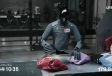 Robot 'Rose' sorts packages on conveyor belt in a futuristic warehouse setting.