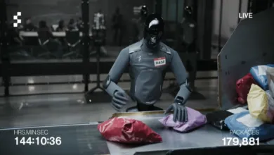 Robot 'Rose' sorts packages on conveyor belt in a futuristic warehouse setting.
