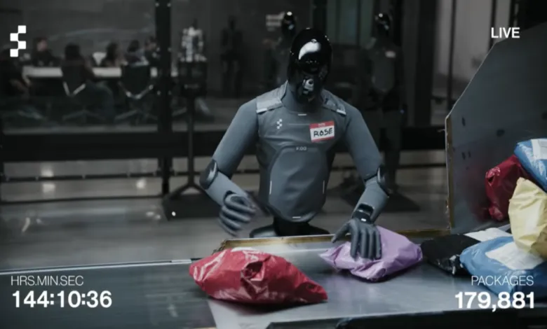Robot 'Rose' sorts packages on conveyor belt in a futuristic warehouse setting.
