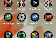 Phone screen showing app icons with disco ball effect: Gmail, Google, Play Store, Social, WhatsApp, Settings, Messenger, YouTube, Maps, Spotify, Photos, Camera.
