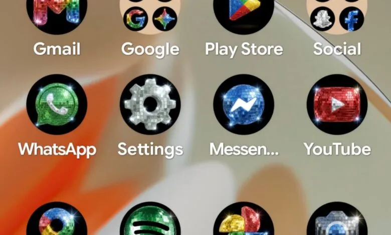Phone screen showing app icons with disco ball effect: Gmail, Google, Play Store, Social, WhatsApp, Settings, Messenger, YouTube, Maps, Spotify, Photos, Camera.