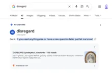 Google search results for 'disregard' showing AI overview and synonyms.