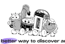 Cartoon musical instruments with faces and limbs, including a drum, saxophone, and cassette tape.