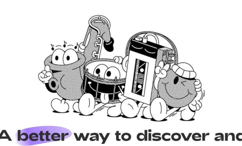 Cartoon musical instruments with faces and limbs, including a drum, saxophone, and cassette tape.