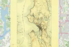 Three maps showing Seattle area: modern, antique, and road map.
