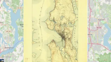 Three maps showing Seattle area: modern, antique, and road map.