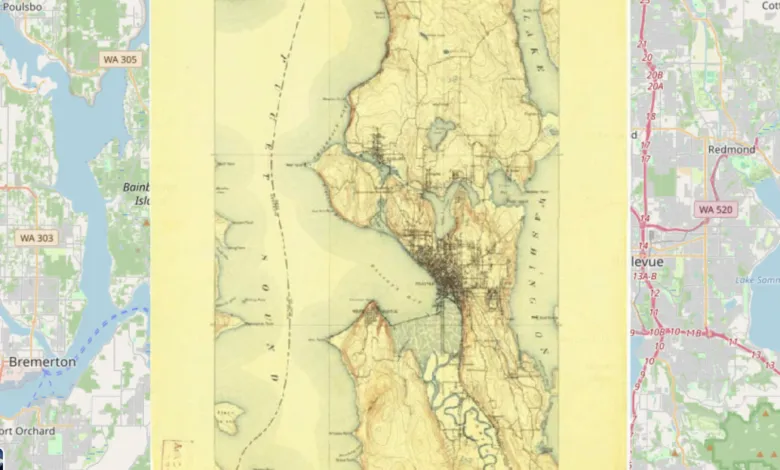 Three maps showing Seattle area: modern, antique, and road map.