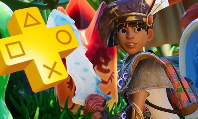 Grounded game character holding ice sword with PS Plus logo overlay.