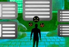 Silhouette stands on keyboard surrounded by UI elements and angry emojis.