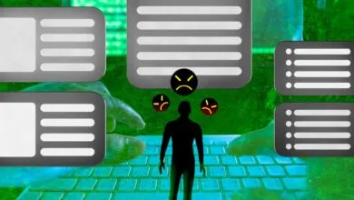 Silhouette stands on keyboard surrounded by UI elements and angry emojis.