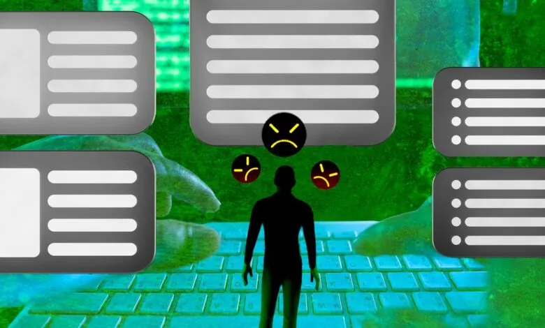 Silhouette stands on keyboard surrounded by UI elements and angry emojis.