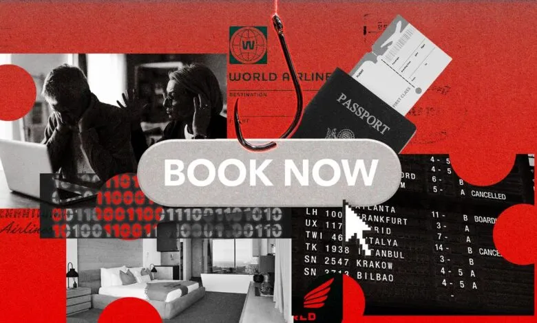 Travel scam illustration: 'Book Now' button on a fishhook, passport, and airline ticket.
