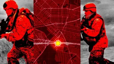 Two soldiers flank a red map pinpointing a location, symbolizing military security risks.