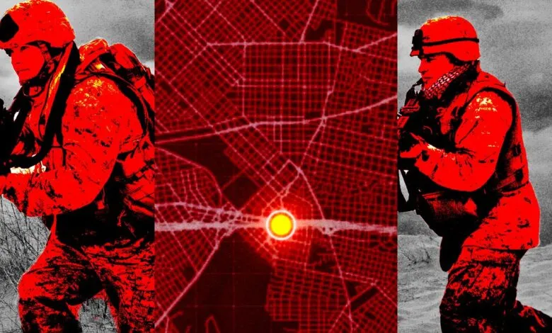 Two soldiers flank a red map pinpointing a location, symbolizing military security risks.