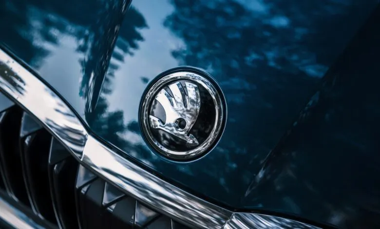 Close-up of a Skoda car hood with the chrome Skoda logo.