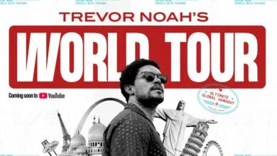 Trevor Noah's World Tour poster featuring landmarks and YouTube promotion.