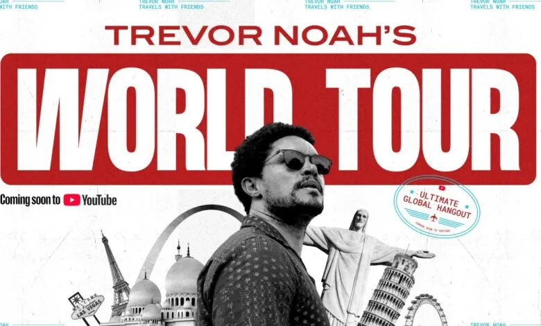 Trevor Noah's World Tour poster featuring landmarks and YouTube promotion.