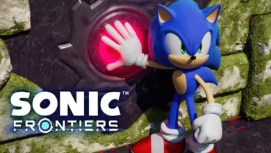 Sonic the Hedgehog presses a glowing red button in Sonic Frontiers.