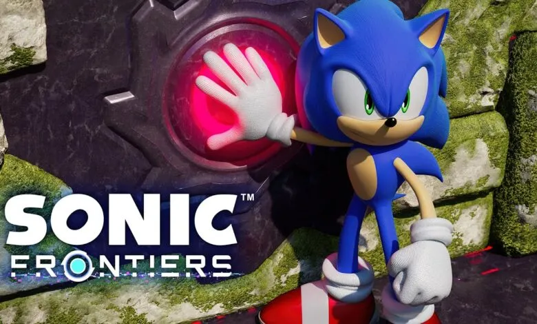 Sonic the Hedgehog presses a glowing red button in Sonic Frontiers.
