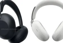 Black and white Sony headphones side by side on a white background.