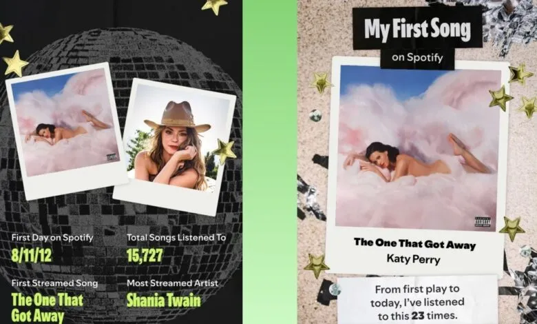 Spotify anniversary collage featuring Katy Perry and Shania Twain.