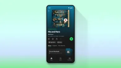 Spotify app showing audiobook 'His and Hers' by Alice Feeney on a smartphone.