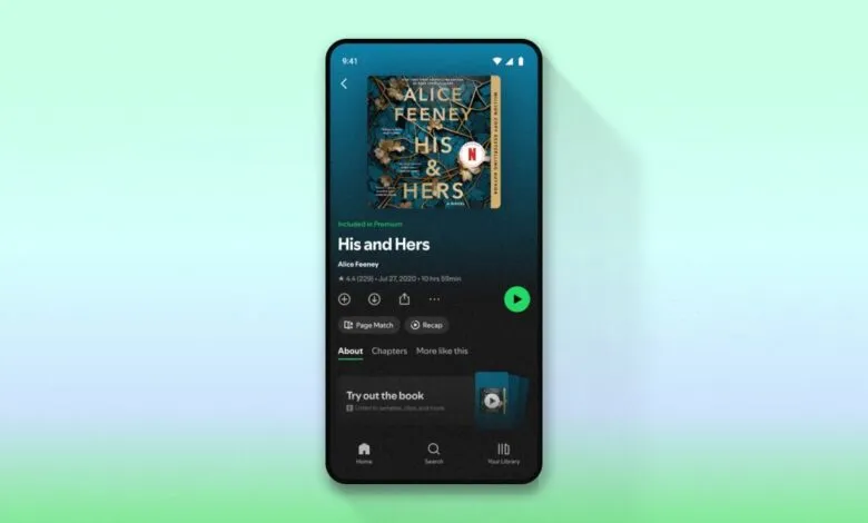 Spotify app showing audiobook 'His and Hers' by Alice Feeney on a smartphone.