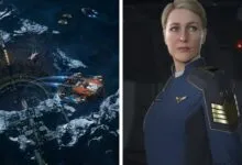 Squadron 42 game image: spaceship in crater, Gillian Anderson in uniform.