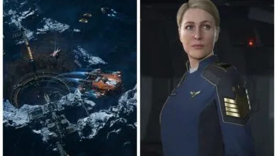 Squadron 42 game image: spaceship in crater, Gillian Anderson in uniform.