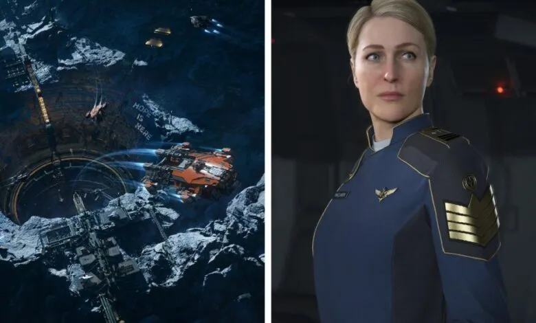 Squadron 42 game image: spaceship in crater, Gillian Anderson in uniform.