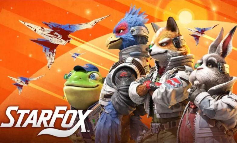 Star Fox team: Fox, Falco, Slippy, and Peppy, ready for action.