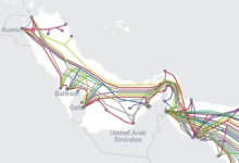 Map showing submarine internet cables in the Strait of Hormuz region.