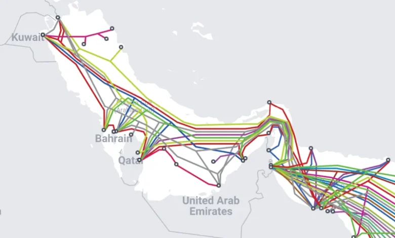 Map showing submarine internet cables in the Strait of Hormuz region.