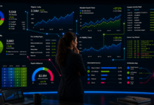 Woman analyzes AI performance metrics dashboard with charts and data.