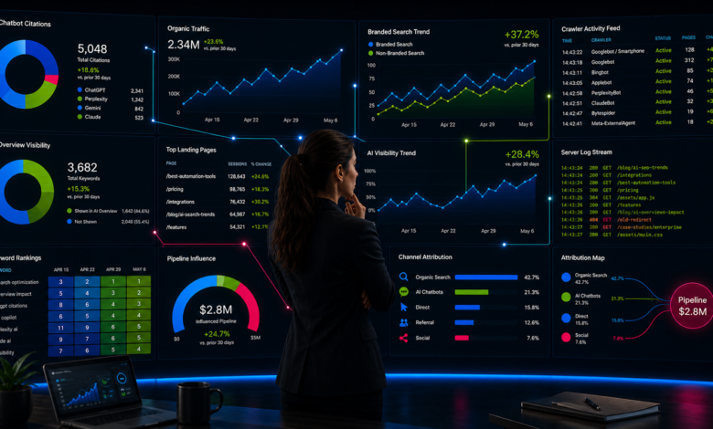 Woman analyzes AI performance metrics dashboard with charts and data.