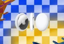 Three Apple AirTags displayed against a blue and gold checkered background with airplane graphics.